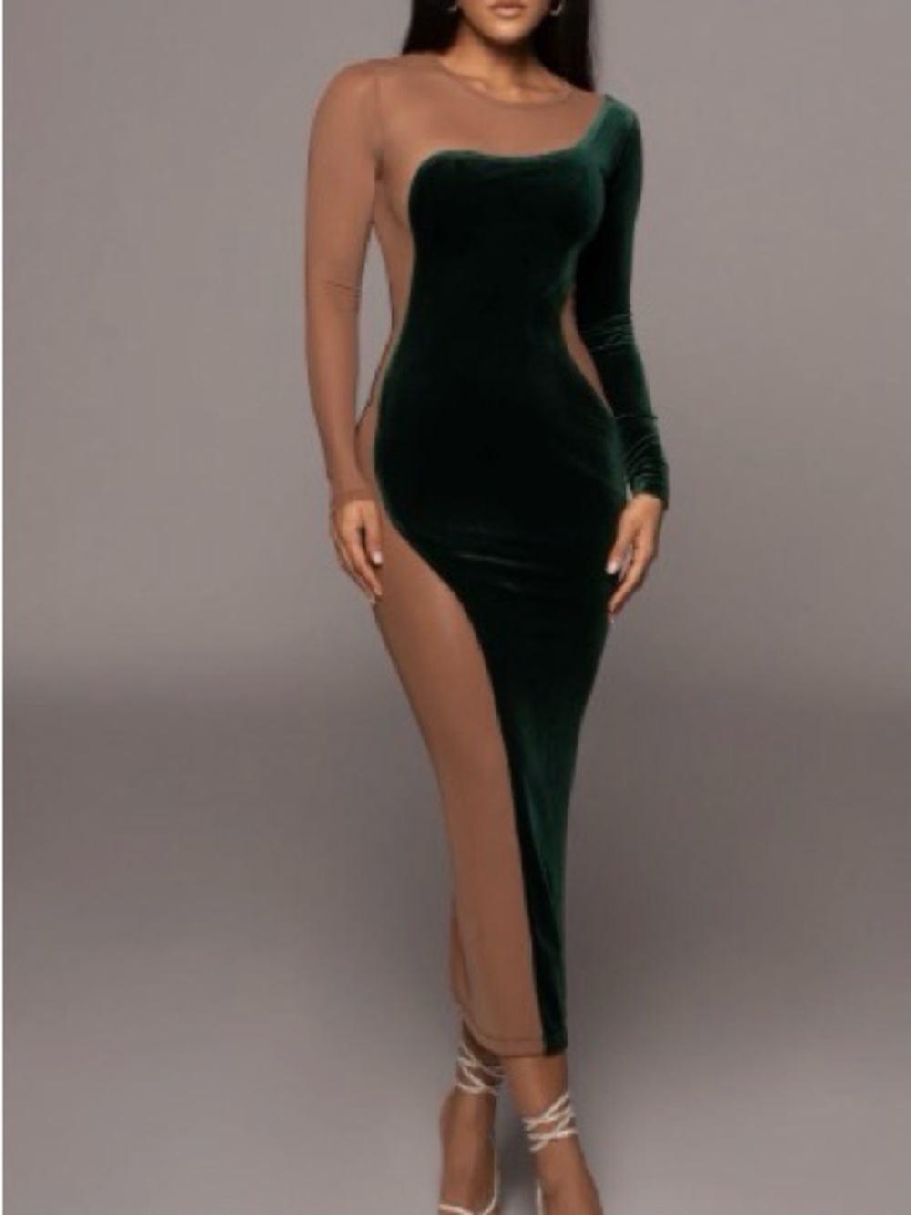 JLUXLABEL One-Shoulder Forest Green Velvet Maxi with Nude Illusion Panels